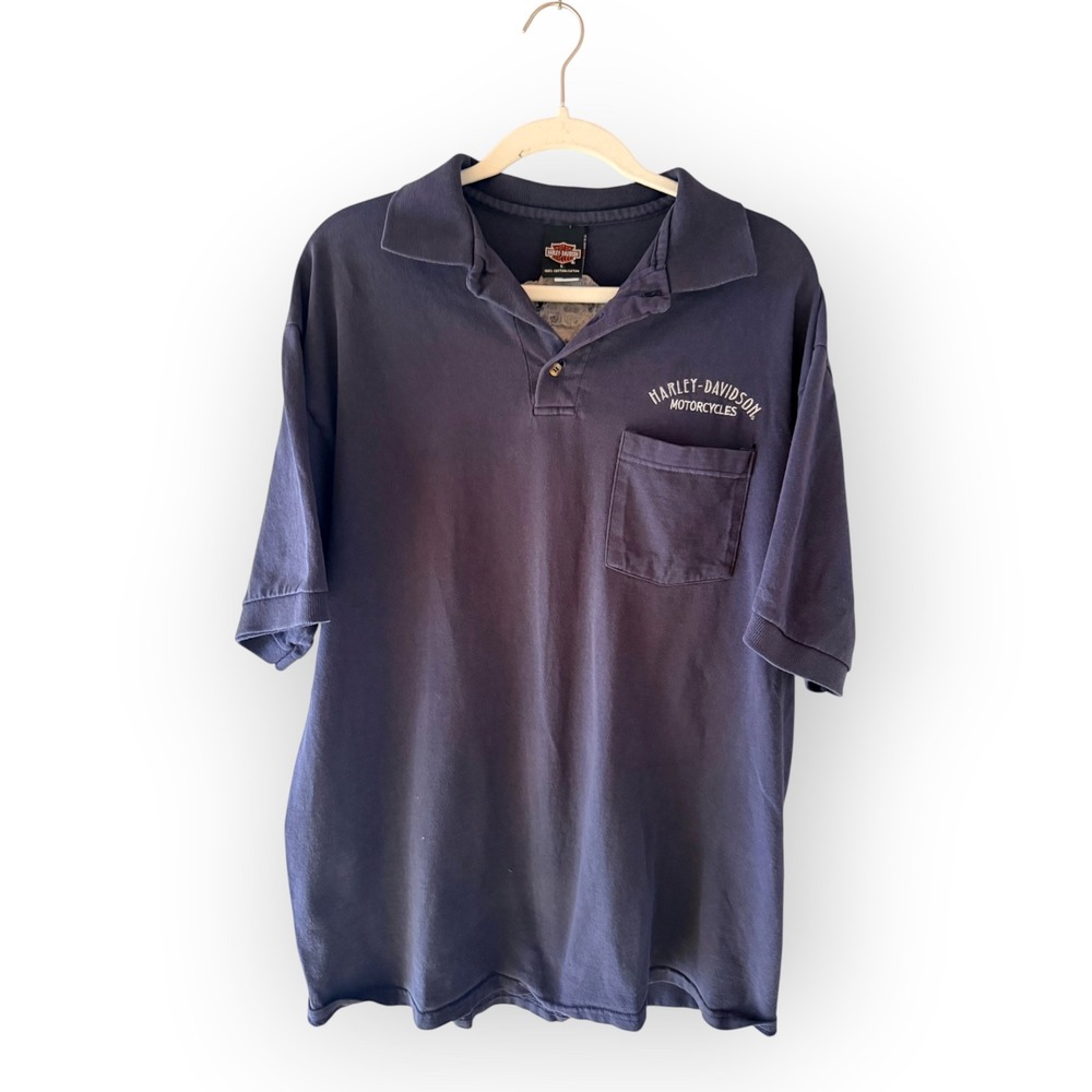 Vtg Harley Davidson Polo Shirt L Blue Spitzies Albany NY Biker Y2K Holoubek SS